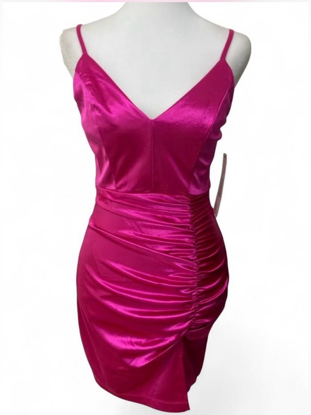 Emerald Sundae Hot Pink Satin Asymmetric Ruched Mini Dress SIZE MEDIUM